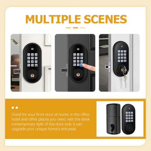 No Fuss Electronic Keypad Deadbolt Lock Featuring Keyless Entry And Automatic Self Locking Design For Rock Solid Front Door Security in multiple settings.