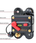 Built Sick Super Heavy Duty 12V To 48Vdc Resettable Circuit Breaker With Badass Auto Reset Fuse close-up showing buttons and connections.