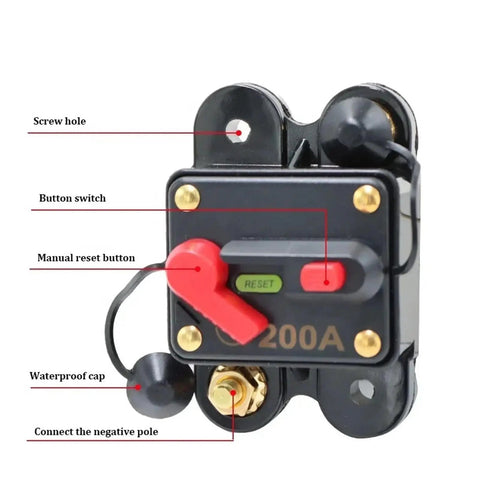 Built Sick Super Heavy Duty 12V To 48Vdc Resettable Circuit Breaker With Badass Auto Reset Fuse close-up showing buttons and connections.