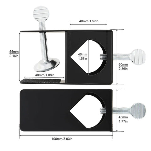 Dimensions and design of Deck Torch Clamp Bracket Set for Outdoor Mounting on Porch Rail Table Fence, Adjustable, Rust Resistant.