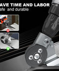 Electric drill sheet metal cutter attachment with circular wheel and clamp, shown installed on a drill.