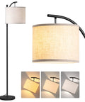 Floor Lamp With 3 Color Temperatures 3000K 4500K 6500K, Linen Lampshade, 9W LED Bulb Included, Black Base Beige Shade shown in three lighting modes
