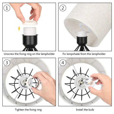 Assembly steps for Black Modern Table Lamp With Linen Fabric Shade And Hollowed Base, Compact Bedside Light for Bedroom or Living Room.