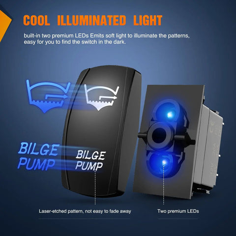 Blue 5 Pin On Off Rocker Switch For Bilge Pump And Led Light Bar SPST 20A/12V 10A/24V Marine Grade Durable Illumination Indicator