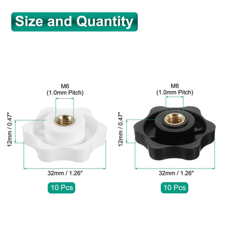 Star Knob Set M6 Thread 32mm Plastic Head Through Hole Hand Knobs For Jigs And Clamps 20 Pieces Black And White 6 Point Design With Brass Insert For Screw In Threaded Grip And Quick Adjustments