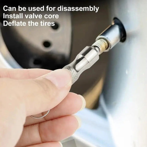 Close-up of a hand using Two Pack Stainless Steel Valve Core Wrench Set for Car and Bicycle Ultra Portable Tire Valve Disassembly Tool.