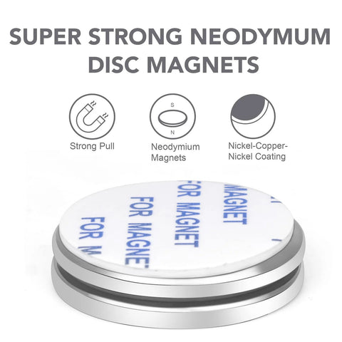 Two neodymium disc magnets with adhesive backing, silver metal, 1.26 in diameter, 1/8 in thick.
