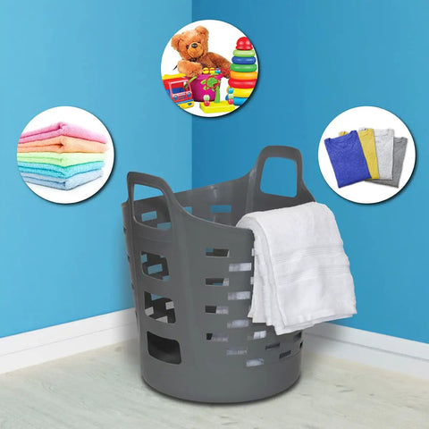 Gray Flexible Laundry Basket For Clothes And Sheets Lightweight Plastic Hamper With Grab And Go Handles Portable Round Bin, 1 Bushel