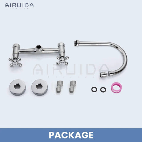 Wall Mounted Kitchen Faucet With Sprayer, 360 Degree Swivel Spout, Double Cross Handles, components laid out on display.