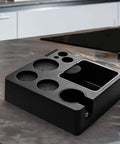 Built Tough Coffee Tamper Station And Espresso Organizer Box With Rock Solid Portafilter Holder for kitchen counter, black durable design.
