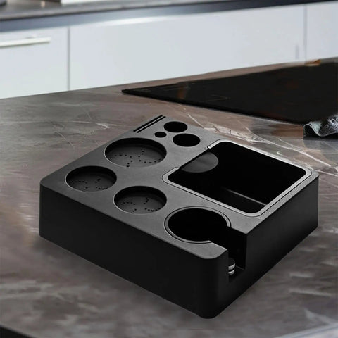 Built Tough Coffee Tamper Station And Espresso Organizer Box With Rock Solid Portafilter Holder for kitchen counter, black durable design.