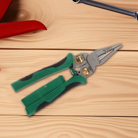 Rock Solid Multi Function Wire Strippers With Voltage Tester And Cutters on wooden surface, showcasing stainless steel and non-slip grip.
