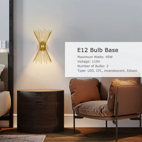 Modern living room with brass mid-century sunburst wall sconce two light dope modern vanity lamp wall mount for bathroom makeup