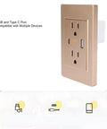 Heavy Duty Wall Outlet With Dual Usb And Type C Charging Ports, 15 Amp Electrical Receptacle in gold color for home office.
