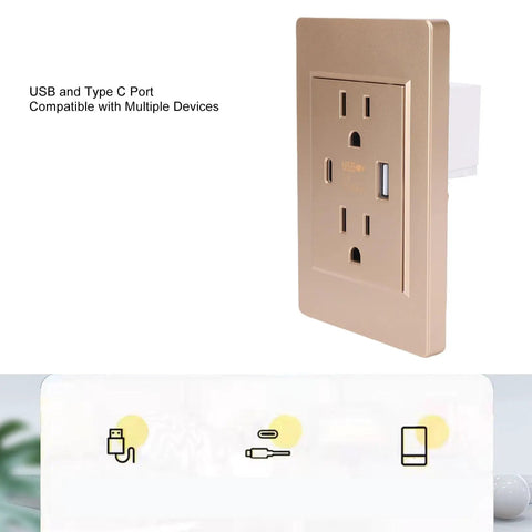 Heavy Duty Wall Outlet With Dual Usb And Type C Charging Ports, 15 Amp Electrical Receptacle in gold color for home office.