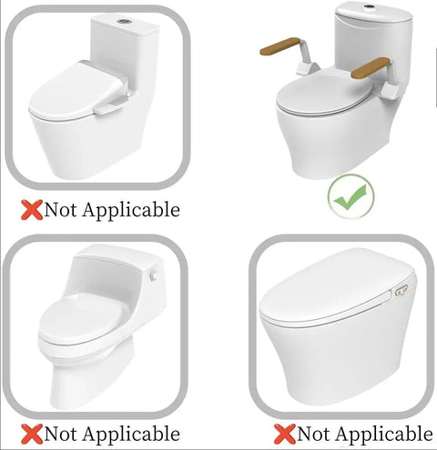 Heavy Duty Toilet Safety Rail For Seniors Featuring Slick Flip Up Wooden Armrest With Non Slip Grip and Rust Resistant Finish for compliant toilet.