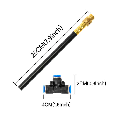 20 Pack 360 Degree Adjustable Drip Irrigation Nozzles For One Quarter Inch Tubing with copper mist nozzle and three-way fitting.