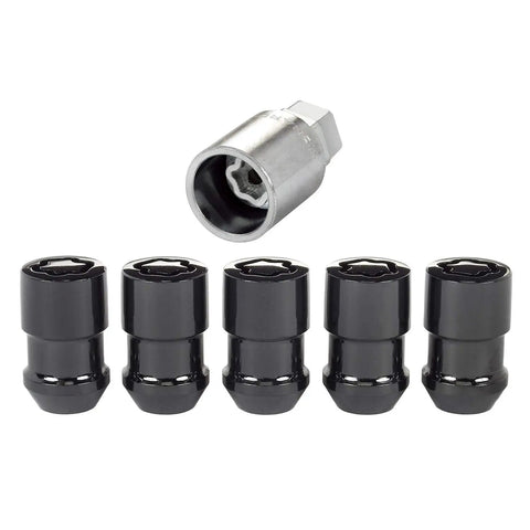 Black Cone Seat Wheel Locks 1/2-20 Thread Size Set Of 5 With Key Fits Steel Or Aluminum Wheels Dual Hex Sizes 3/4 Inch And 13/16 Inch