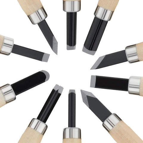 Pro Grade Ten Piece Wood Carving Chisel Set Forged From Heat Treated Chrome Vanadium Steel With Comfortable Wooden Handles, showing various blade shapes.