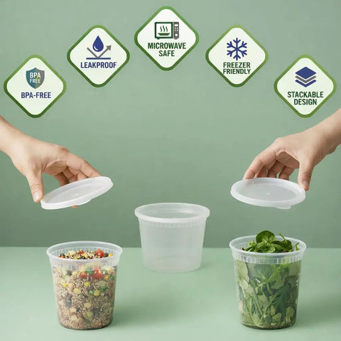 48 Piece Deli Container Set With Lids, 16oz And 32oz Options, Leakproof Airtight Lids, Microwave Safe, showcasing meal prep use