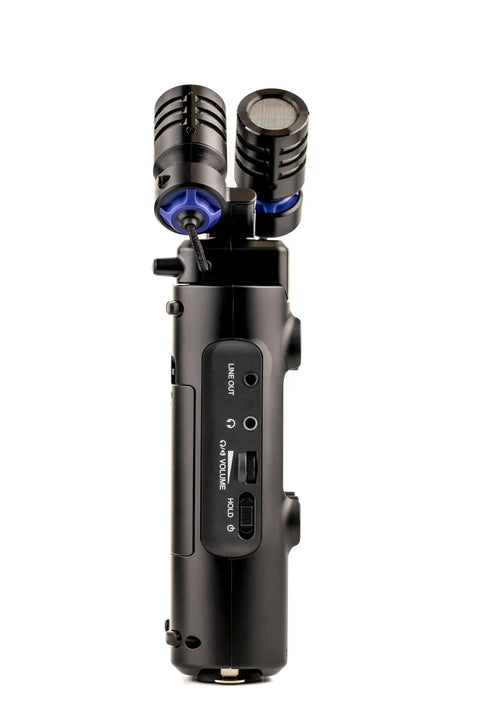 Side view of Handheld Studio Recorder For Musicians Podcasters And Filmmakers With Large Stereo Microphones Pro Quality Preamps