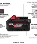 M18 Redlithium Forge 8.0 Ah Rechargeable Battery Pack with indicators and features labeled, showcasing size and specifications.