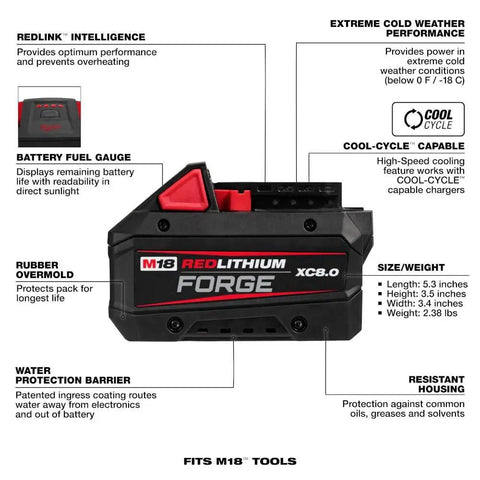 M18 Redlithium Forge 8.0 Ah Rechargeable Battery Pack with indicators and features labeled, showcasing size and specifications.