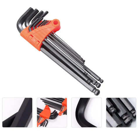 Pro 9Pc Ball End Hex Key Wrench Set With Long Arm Reach For Deep Torque Precision Mechanical Repair And Cool DIY Projects Plus Durable PVC Holder black steel keys in orange PVC holder