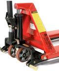 Close-up of Real Deal Heavy Duty Manual High Lift Skid Jack Truck showing smooth poly wheels and lift mechanism.