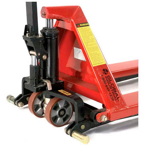 Close-up of Real Deal Heavy Duty Manual High Lift Skid Jack Truck showing smooth poly wheels and lift mechanism.