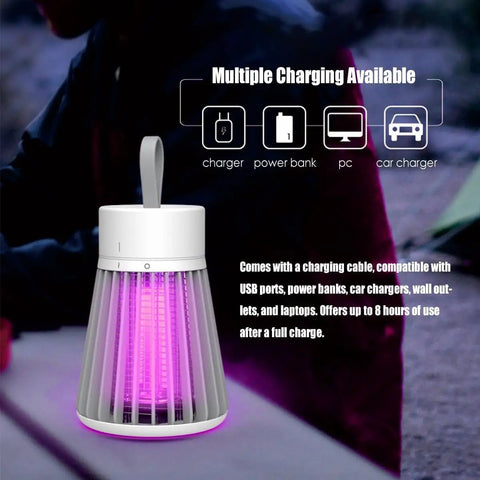 Rechargeable USB Bug Zapper With 360 Degree UV Light And Hidden Electric Grid, portable design with handle, glowing purple light