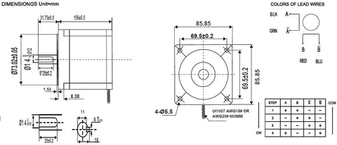Front and side technical drawing of NEMA 34 stepper motor, 156 mm length, four-hole mounting flange.
