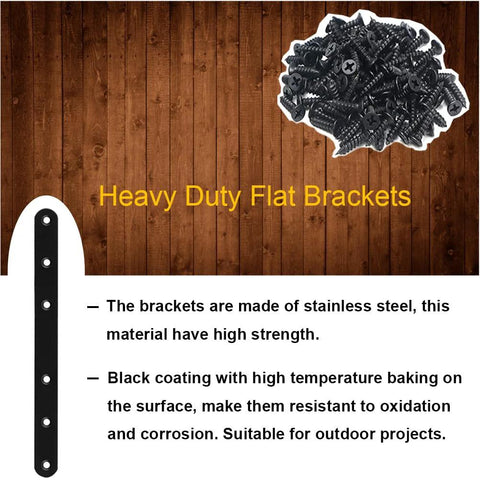 Image showcasing 4 Pack Black Straight Brace Brackets 8 Inch Stainless Steel Flat Mending Plates with screws, rust-resistant black finish.