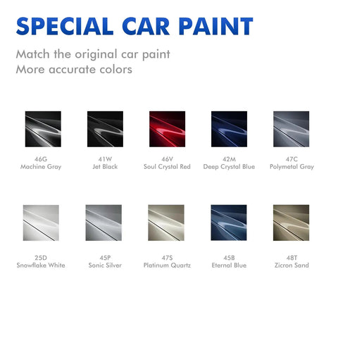 Color swatches for special car paint including 46V Soul Crystal Red, Deep Crystal Blue, and others for Mazda models