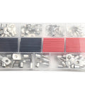 Premium 140 Pc For SC Cable Lug Set With Shrink Tubing Heavy Duty Terminal Kit Perfect for Battery And Solar Jobs That Will Not Let You Down. plastic organizer with assorted silver cable lugs and red black heat shrink tubing