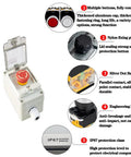 Emergency Stop Button Box With IP67 Waterproof Enclosure Durable ABS Case E Stop Switch showing features and specifications.