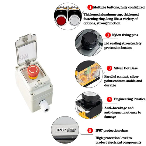 Emergency Stop Button Box With IP67 Waterproof Enclosure Durable ABS Case E Stop Switch showing features and specifications.
