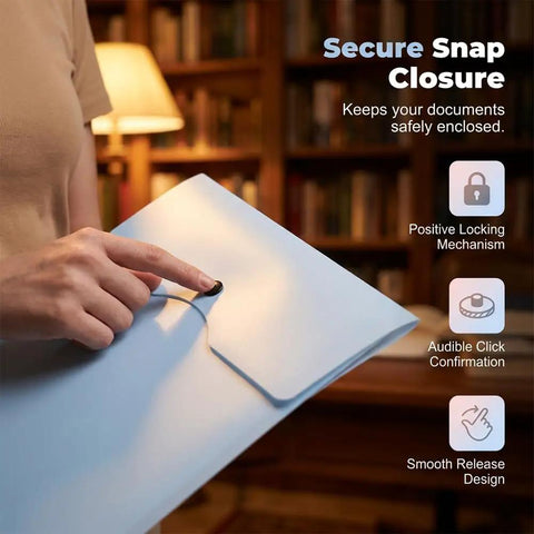Person using secure snap button on 11 Hole Expanding File Pockets Waterproof Binder Pockets for 2 3 4 Ring Binders With Snap Button And Label Area