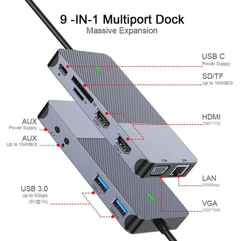 Straight Up Sweet Heavy Duty Usb 3.0 Docking Station Featuring Dual HhdmI And Vga Ports For Reliable Triple Display, top view showing ports.