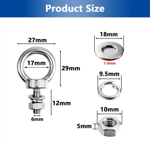 Heavy Duty M6 X 12 Mm Threaded Eyebolts With Nuts And Washers Marine Grade 304 Stainless Steel sizes displayed on measurement graphic.