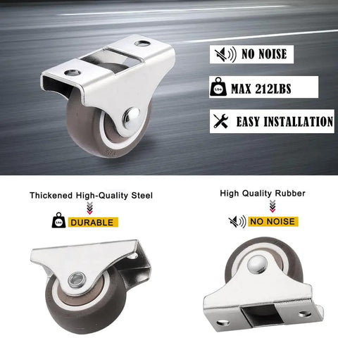 Low Profile 1 Inch Caster Wheels Set Of 8, Small Rubber Fixed Non Swivel Casters With Steel Plate, Durable, No Noise