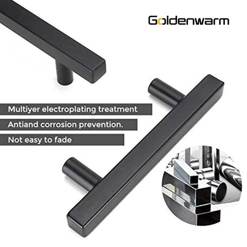 30 Pack Matte Black Cabinet Pulls 3 Inch T Bar Drawer Handles For Your Kitchen Cabinets And Cupboards Built To Last Durable Stainless Steel Construction 5 Inch Overall Length Square Bar Half Inch Rust Resistant Hardware showcasing electroplating and corrosion prevention.