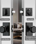 Black Exterior Door Knob Set With Deadbolt showing turn button, keyhole, and push button features.