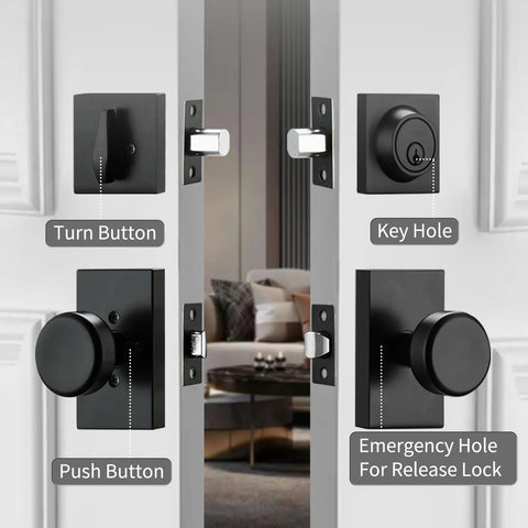 Black Exterior Door Knob Set With Deadbolt showing turn button, keyhole, and push button features.