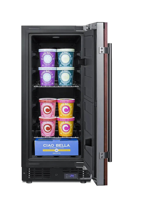 Heavy Duty 2.45 Cubic Foot Frost Free Upright Commercial Freezer Featuring Snap Cold Cooling And Brushed Stainless Shell Built For Daily Hustle In Cafes And Concession Windows with gelato pints inside.