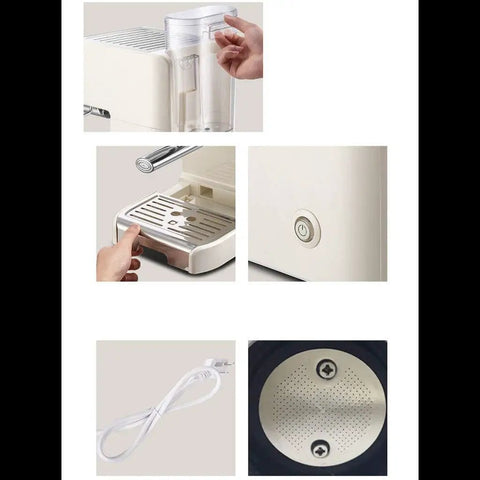 Parts of Powerful 1250W Semi Automatic Espresso Machine With 20 Bar Pressure, including water tank, drip tray, and milk frother components
