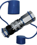 Drop-In Flat Face Hydraulic Quick Connect Coupler With One Inch Npt Threads And Dust Caps For Tractor And Backhoe ISO 16028, featuring blue dust caps.