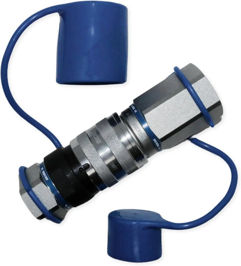 Drop-In Flat Face Hydraulic Quick Connect Coupler With One Inch Npt Threads And Dust Caps For Tractor And Backhoe ISO 16028, featuring blue dust caps.