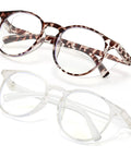 Two pairs of anti fog safety glasses, round frame, side and top shields, one tortoiseshell and one clear, for debris and splashes protection.