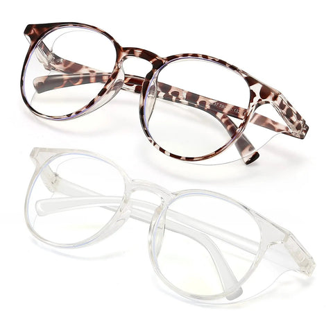 Two pairs of anti fog safety glasses, round frame, side and top shields, one tortoiseshell and one clear, for debris and splashes protection.